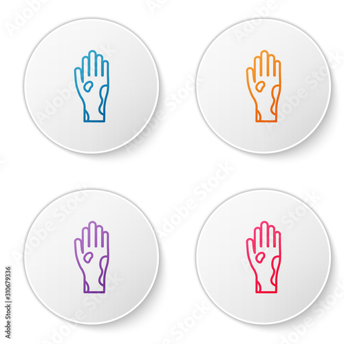 Color line Hand with psoriasis or eczema icon isolated on white background. Concept of human skin response to allergen or chronic body problem. Set icons in circle buttons. Vector Illustration