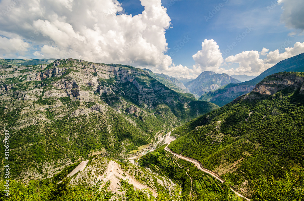 Serpentine road in Albanian mountains near Rrapsh in summer