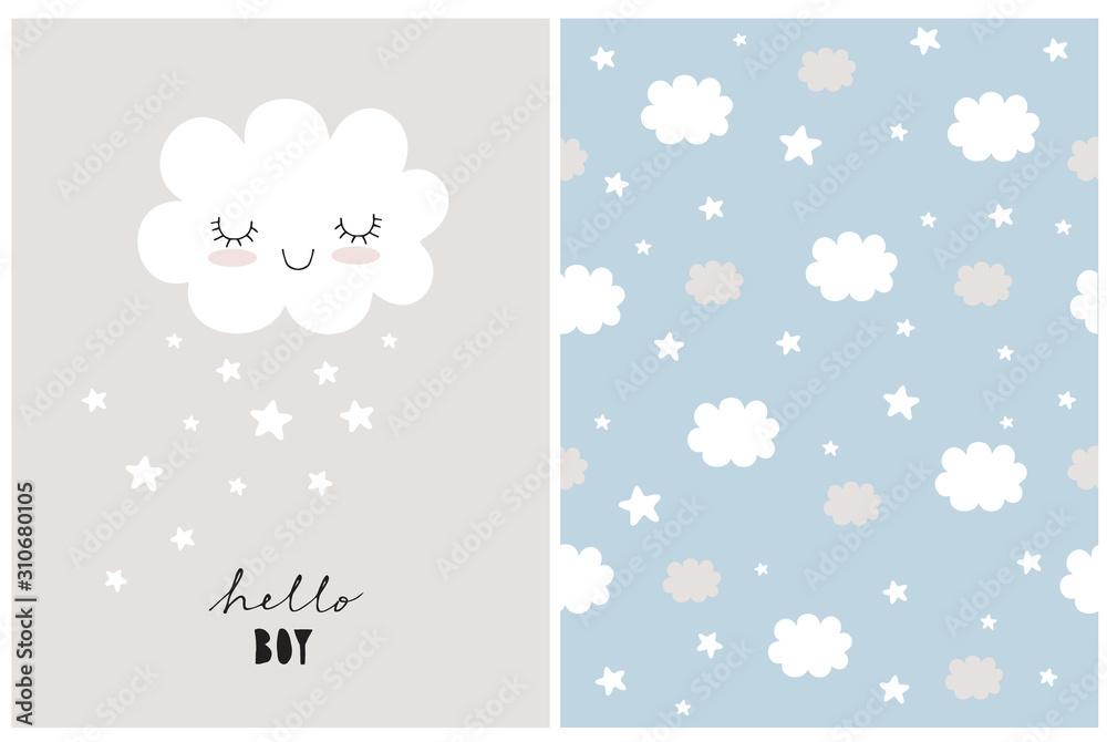 White Fluffy Smiling Cloud on a Light Gray Background. Simple Baby Shower Art. Cute Simple Baby Shower Vector Card and Seamless Patterns. Hello Boy. Print with Clouds and Stars Isolated on a Blue. White Fluffy Smiling Cloud on a Light Gray Background. Simple Baby Shower Art. Cute Simple Baby Shower Vector Card and Seamless Patterns. Hello Boy. Print with Clouds and Stars Isolated on a Blue.