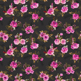 Seamless pattern with watercolor floral bouquets in crimson, brown and golden colors; hand drawn floral design on dark background