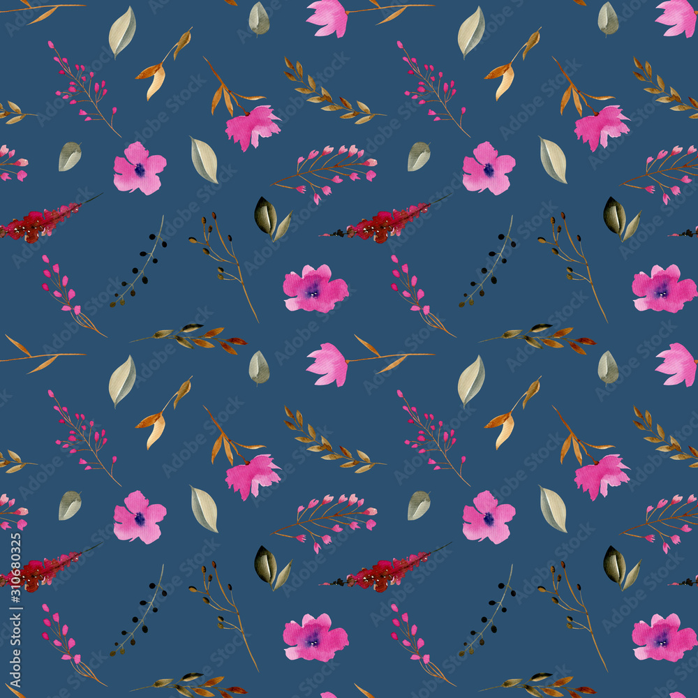 Seamless pattern with watercolor pink, brown and grey simple floral elements, hand painted on blue background Seamless pattern with watercolor pink, brown and grey simple floral elements, hand painted on blue background