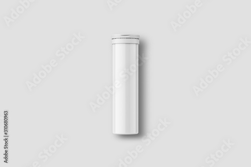 Round white glossy plastic Bottle Mock up with cap for Effervescent or carbon Tablets  pills  vitamins.3D rendering