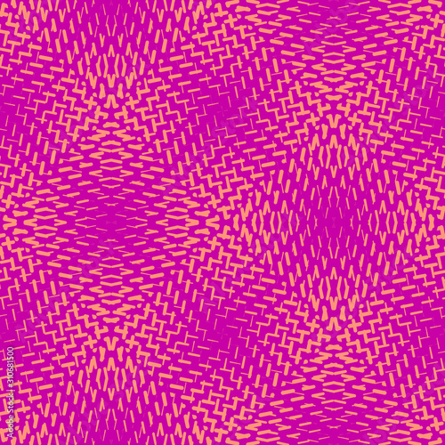 Vector geometric halftone seamless pattern with dash lines, crossing shapes, mesh, grid. Sport style abstract background in vibrant colors, magenta and orange. Modern colorful design. Repeat texture