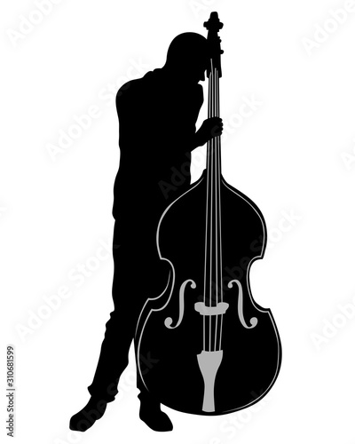 Jazz musician with double bass. Isolated silhouette on a white background