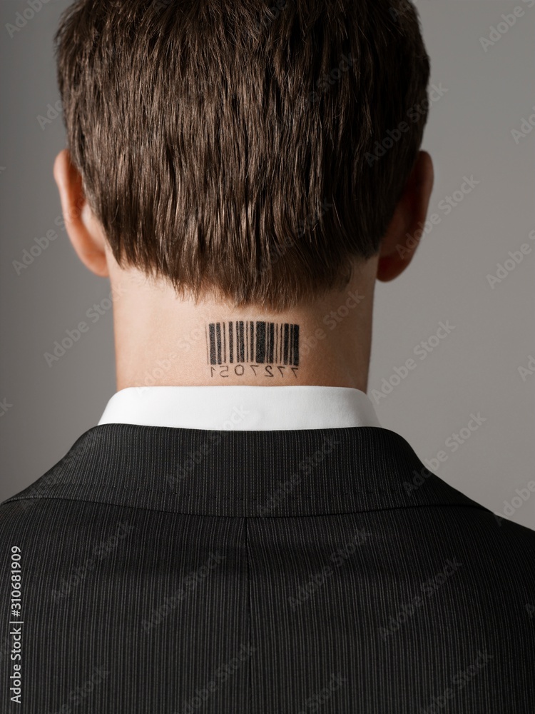 Rear View Of Businessman With Bar Code Tattoo On Neck Stock Photo | Adobe  Stock