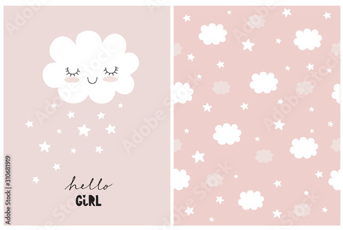 White Fluffy Smiling Cloud on a Light Pink Background. Simple Baby Shower Art. Cute Simple Baby Shower Vector Card and Seamless Patterns. Hello Girl. Print with Clouds and Stars Isolated on a Pink.