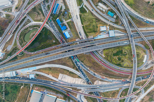 Aerial view interchange express way and a trafific jam