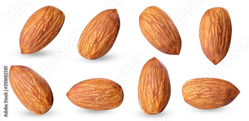 almond raw piece collection set.almond full macro shoot .nuts healthy food ingredient on white isolated .Clipping path photo