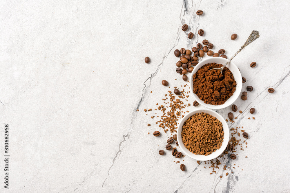 Roasted beans and ground coffee for morning espresso Roasted beans and ground coffee for morning espresso