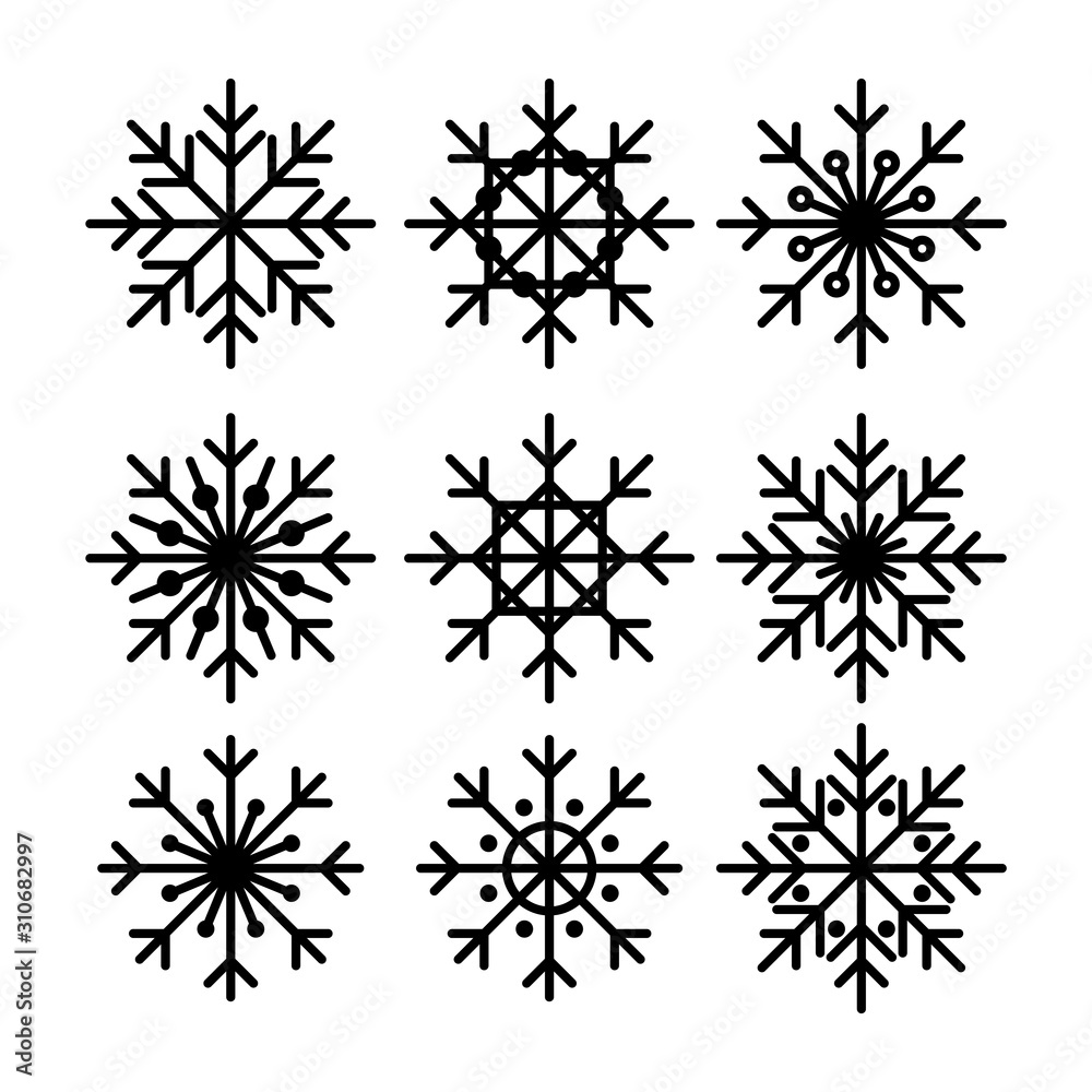 Simple snowflakes collection. Black outline vector illustrations. Winter theme christmas, new year decoration
