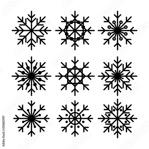 Simple snowflakes collection. Black outline vector illustrations. Winter theme christmas, new year decoration