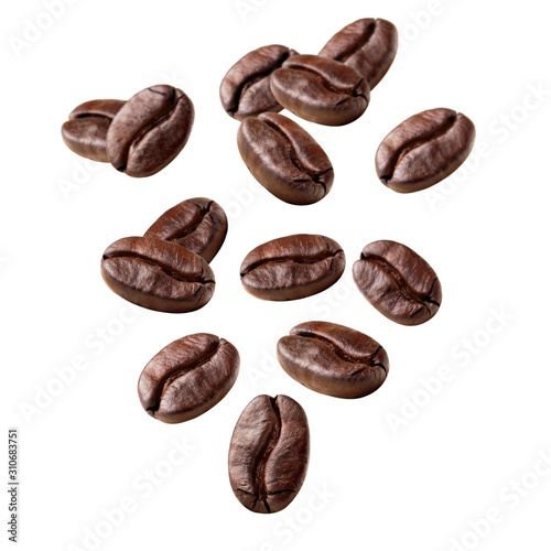 Coffee roasted pieces floating grains.Coffee Clipping Path on white isolated.Image stack Full depth of field macro