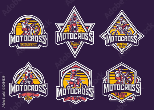 Motocross premium vintage badge logo label design template pack yellow red