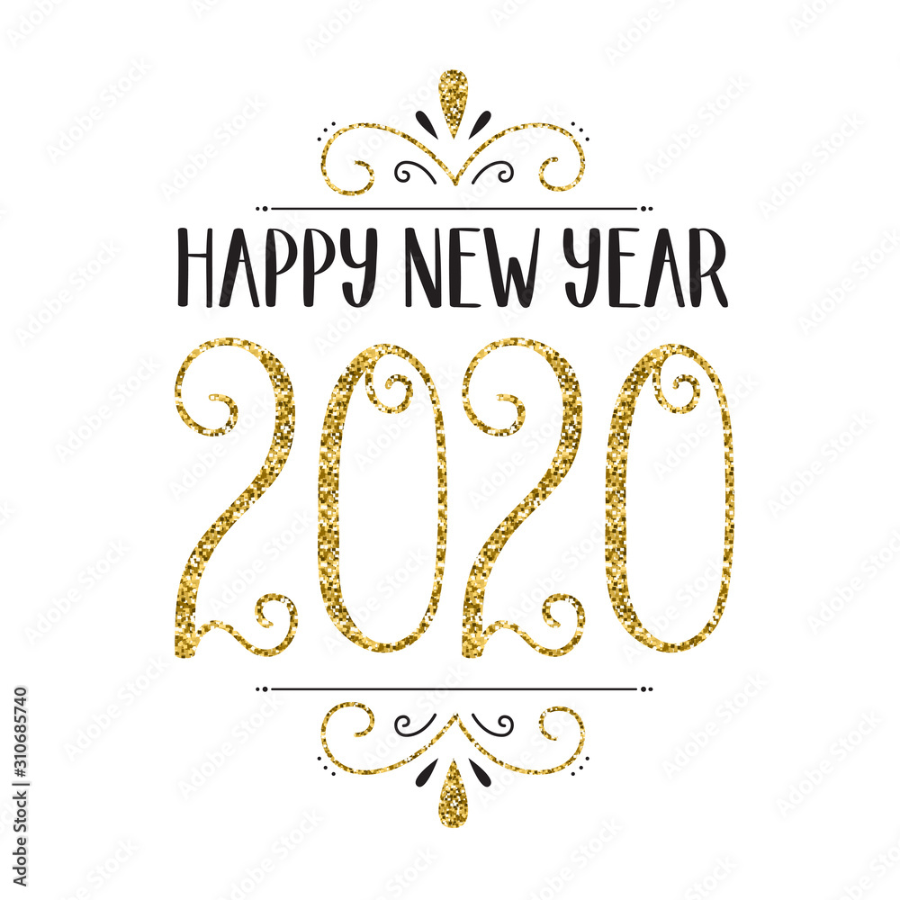 HAPPY NEW YEAR 2020 black and gold brush calligraphy with decorative elements HAPPY NEW YEAR 2020 black and gold brush calligraphy with decorative elements
