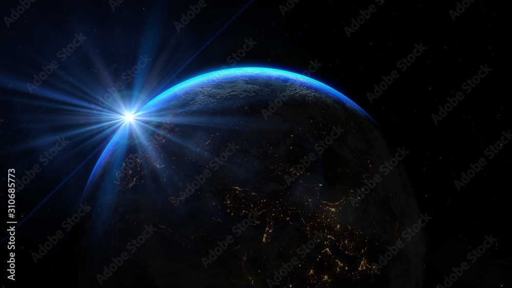 Planet earth from the space at night. Sunrise illuminate the earth in outer space.