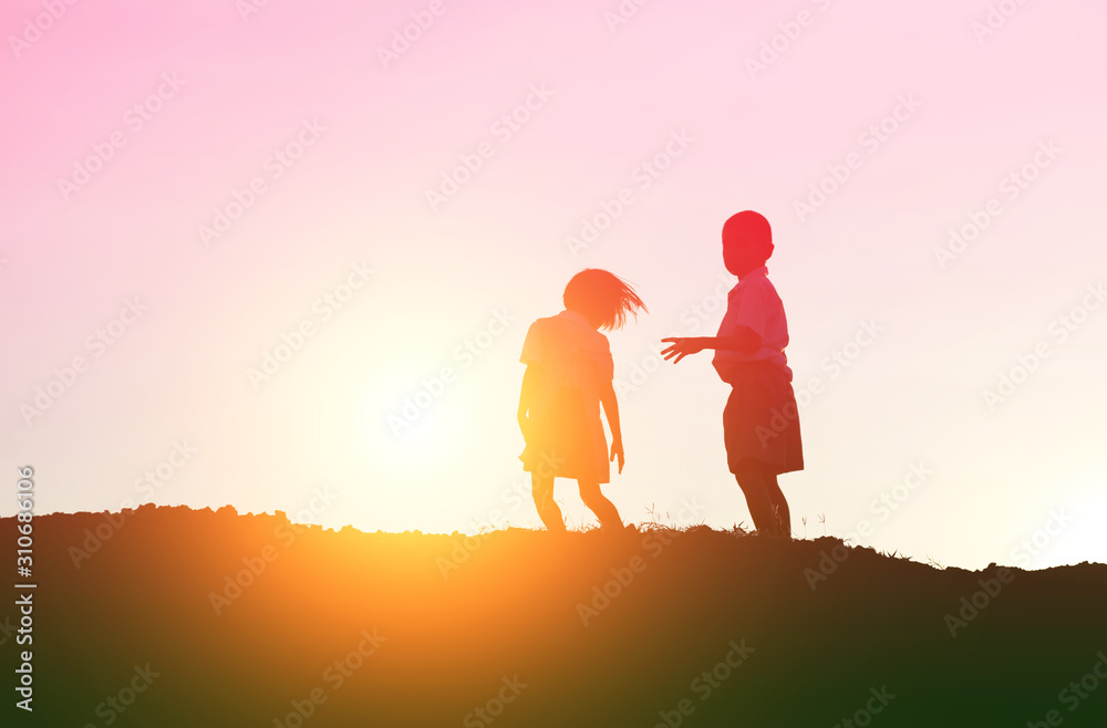 kid silhouette,Moments of the child's joy. On the Nature sunset