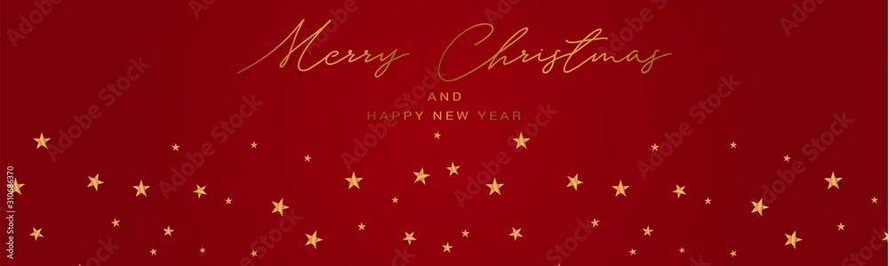 Christmas card design. Merry Xmas and Happy New year banner or website header with golden stars on red background. Vector illustration.