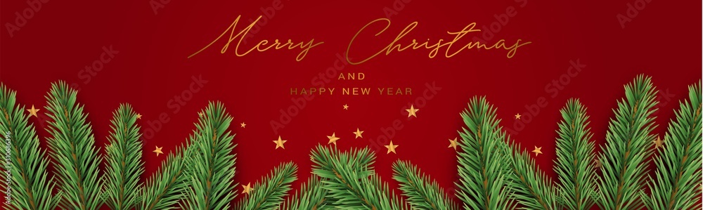 Christmas card design. Merry Xmas and Happy New year banner or website header with golden stars, fir tree branches on red background. Vector illustration.
