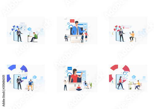Business consulting set. Consultant and experts appearing from device screens with lifebuoy. Flat vector illustrations. Business, help, support concept for banner, website design or landing web page