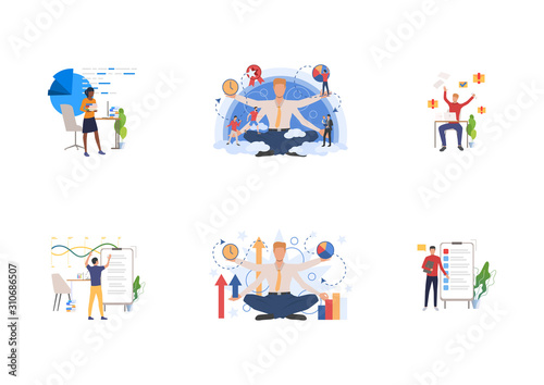 Employee efficiency set. Managers solving tasks and challenges at workplaces. Flat vector illustrations. Self management, multitasking concept for banner, website design or landing web page