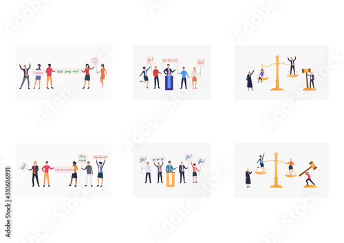 Election campaign set. Politician speaking at tribune, activists holding placards. Flat vector illustrations. Demonstration, discrimination concept for banner, website design or landing web page