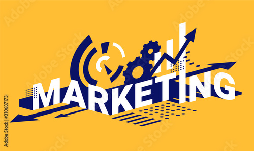 Vector creative isometric illustration of word marketing with financial growth bar graph and arrow on yellow background.