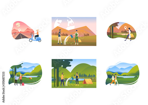 Tourism and camping set. Tourists riding scooter, planting trees near tents, hiking. Flat vector illustrations. Outdoor travel concept for banner, website design or landing web page