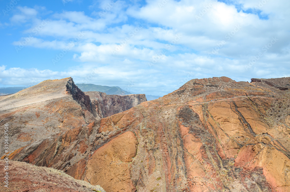 Fototapeta premium Amazing volcanic cliffs and landscape in Ponta de Sao Lourenco, Madeira Island, Portugal. The easternmost point of the island of Madeira. Popular destination for active vacation. Portuguese landscape