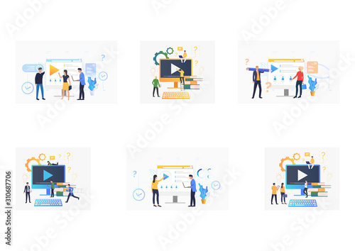 Video content set. Employees and colleagues watching videos on computer monitor. Flat vector illustrations. Online training, webinar concept for banner, website design or landing web page