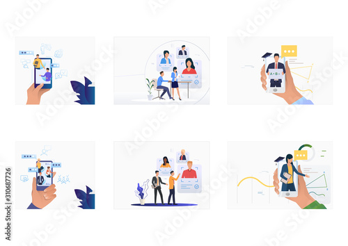 Candidate selection set. Recruit agents with smartphones analyzing candidate profiles. Flat vector illustrations. Human resource, career concept for banner, website design or landing web page