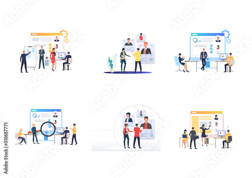 Recruitment agency set. Recruit agents with smartphones analyzing candidate profiles. Flat vector illustrations. Human resource, career concept for banner, website design or landing web page