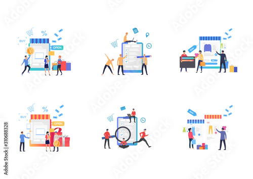 Online shopping set. Shoppers carrying bags, paying by credit card, using gadgets. Flat vector illustrations. Business, ecommerce concept for banner, website design or landing web page