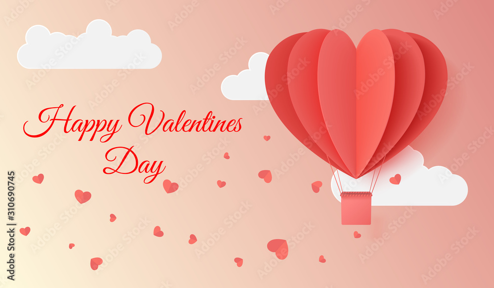 Happy valentines day typography vector illustration design with paper cut red heart shape origami made hot air balloons flying in sky background. Paper art and digital craft style