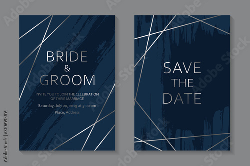 Set of modern luxury wedding invitation design or card templates for business or presentation or greeting with silver lines and paint brush strokes on a navy blue background.