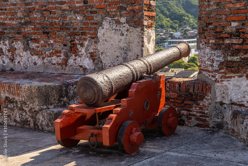 Red Cannon in this Spanish fortress Colonial located in Cartagena, Colombia.