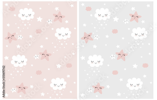 Cute Simple Seamless Patterns with White Fluffy Smiling Clouds and Stars on a Light Gray and Pink Background. Simple Nursery Art for Baby Girl. Print with Clouds and Stars Isolated on a Pink and Gray.
