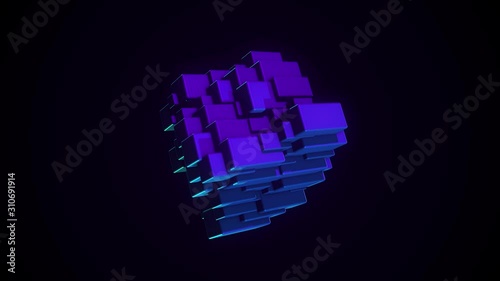 Abstract rotating cubic figure. Animation. Abstract multicolored figure of rectangular blocks rotates on black background. Bright cubic figure of blocks rotates and reflects neon colors photo