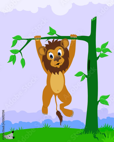 cute lion is afraid of little mouse and hanging on the tree.Vector illustration of animal life