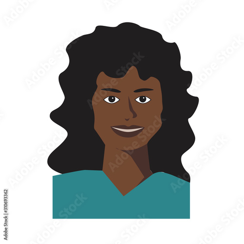 A woman isolated on white background for design, a flat cartoon vector stock illustration with black old or middle aged character with long hair