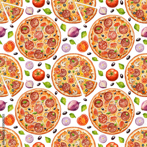 Watercolor seamless pattern with Italian pizza. Hand drawn fast food. Design for pizzeria, cafe and restaurant. Illustration for menu. Template, background, ornament