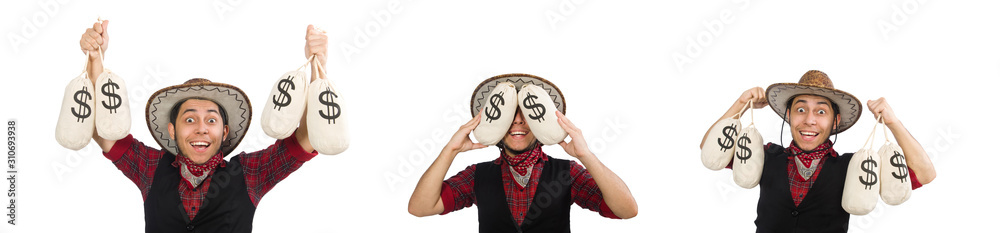 Young cowboy with money bags isolated on white Young cowboy with money bags isolated on white