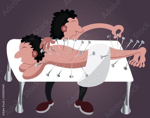 A traditional Chinese Medicine-man treats a patient using Acupuncture technique by placing thousands of pins onto his back
