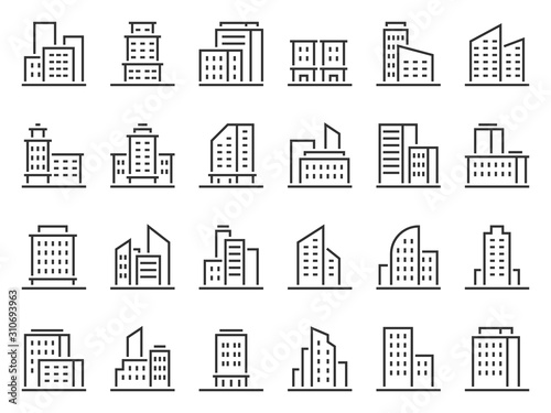 Line building icons. Hotel companies business icon, city buildings and town symbol vector set. Urban architecture, multistorey houses and skyscrapers linear pictograms. Logotype design element