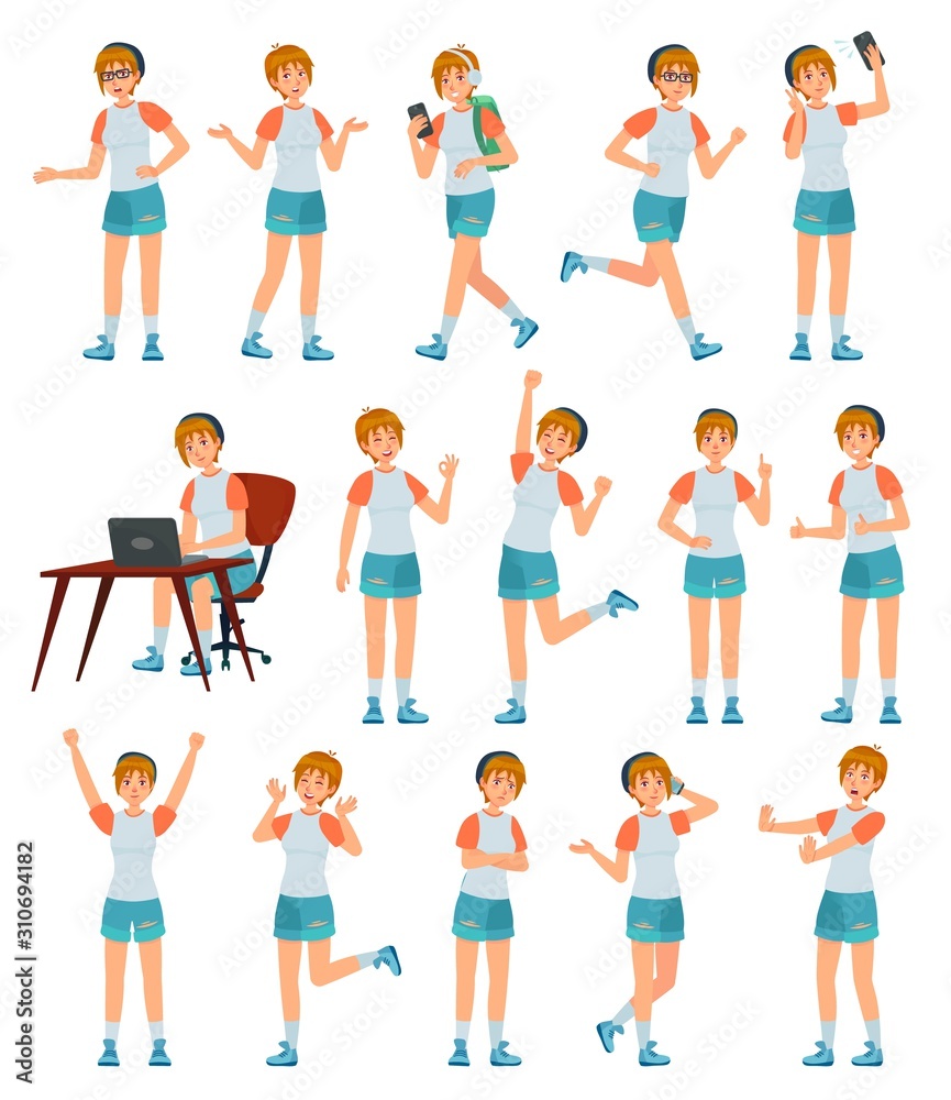Cartoon female teenager character. Young teenage girl in different poses and actions vector illustration set. Cheerful modern schoolgirl in casual clothing pack. Trendy teen in different activities