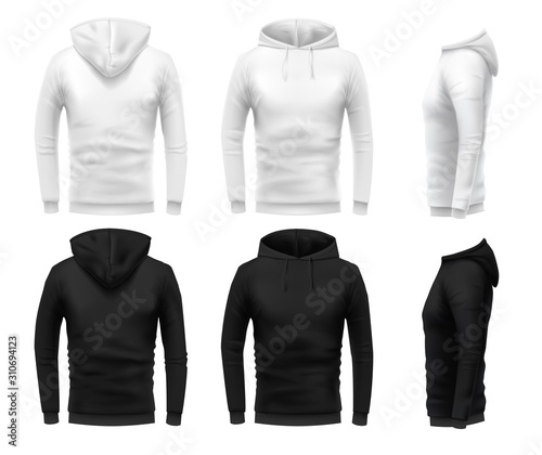 Realistic hoodie mockup. Black sweatshirt, white urban wearing hoodie and realistic clothes template 3D sweatshirts with hoodie vector set. Black and white hoody in different angle views