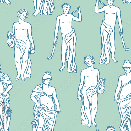 Vector Greek statues seamless pattern. Ancient sculpture of Roman divinities. Hand drawn design.