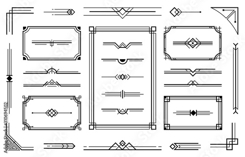 Linear geometric Art Deco ornaments. Retro label frame, minimal decorative ornament dividers and ornamental borders vector set. Creative geometric decorative design elements collection