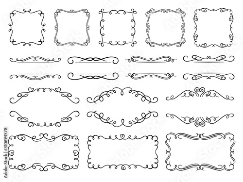 Calligraphy flourish frames. Vintage text frame decorated ornamental flourishes, ornate borders and swirling dividers vector set. Elegant empty frames with copyspace and filigree dividers pack