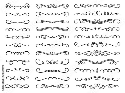 Calligraphic flourish dividers. Decorative scroll divider for wedding invite card design, vintage ornate borders and filigree flourishes graphics vector set. Filigree black and white ornaments