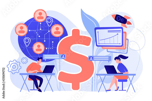 Salespeople team working remotely with customers all over the world and dollar sign. Virtual sales, remote sales method, virtual sales team concept. Pink coral blue vector isolated illustration